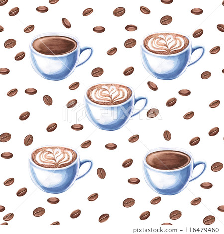 Seamless pattern with a cup of cappuccino and black coffee in watercolor illustration. Hand drawn pattern with coffee for packaging, coffee shops, cookbooks, bakeries. 116479460