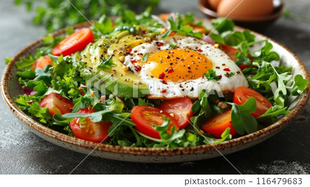Rich plates of salad from green leaves mix and vegetables with avocado or eggs, generated AI 116479683