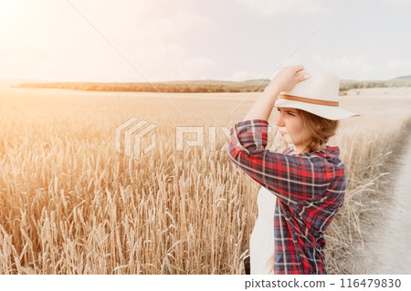 Woman wheat field. Agronomist, Woman farmer check golden ripe barley spikes in cultivated field. Closeup of female hand on plantation in agricultural crop management concept. Slow motion 116479830