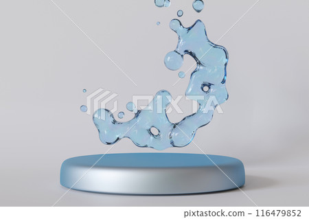 Dynamic and contemporary 3D render of a light blue podium with a fluid water splash in motion, perfect for showcasing products in a fresh and innovative way. Stage, display, showcase. Copy space. 116479852