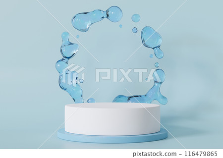 White podium with water splash on blue background. Mock up for product, cosmetic presentation. Pedestal or platform. Empty scene. Stage, display, showcase. Copy space. 3D render. White podium with water splash on blue background. Mock up for product, cosmetic presentation. Pedestal or platform. Empty scene. Stage, display, showcase. Copy space. 3D render. 116479865