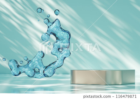 Striking 3D rendering featuring a metallic podium with a dynamic blue water splash against a soft background, ideal for elegant product presentations. Stage, display, showcase. Copy space. 116479871