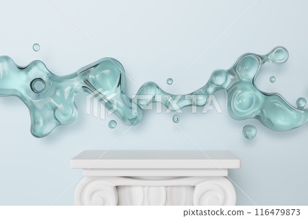 White, elegant podium with water splash on light blue background. Mock up for product, cosmetic presentation. Pedestal or platform. Empty scene. Stage, display, showcase. Copy space. 3D render. 116479873