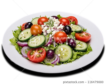 Greek salad with juicy tomatoes crisp cucumbers red onions Kalamata olives and feta cheese 116479880