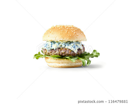 Gourmet slider mini burger with blue cheese crumbles arugula and garlic aioli 116479881