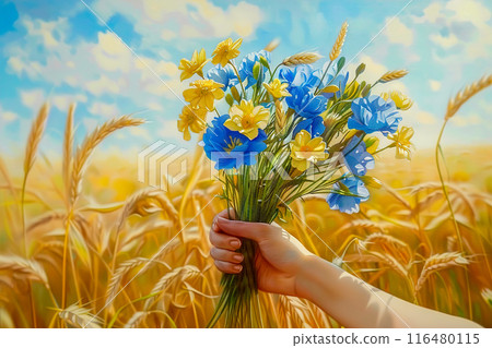 A bouquet of blue wildflowers in the hands of a girl against the background of a wheat field. 116480115