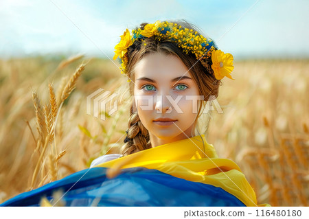 A woman wearing a flower crown poses in a wheat field under a clear sky. Ukraine's Independence Day. A woman wearing a flower crown poses in a wheat field under a clear sky. Ukraine's Independence Day. 116480180