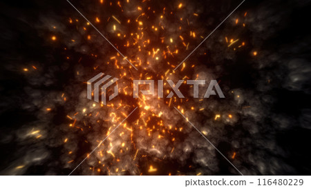 Abstract bright fiery sparks and dark gray bonfire smoke with fire, abstract background Abstract bright fiery sparks and dark gray bonfire smoke with fire, abstract background 116480229
