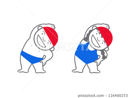 Boy and girl in swimsuits and red caps warming up 116480253