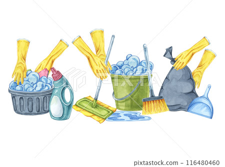 Cleaning essentials, tidy up chores. Watercolor clipart for cleaning services, housekeeping businesses, digital content, classroom posters, brochures, website banners, social media, promotional flyers 116480460