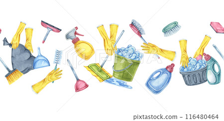 Cleaning essentials seamless border. Watercolor banner clipart for janitorial services, housekeeping businesses, digital content, classroom posters, brochures, social media, promotional flyers Cleaning essentials seamless border. Watercolor banner clipart for janitorial services, housekeeping businesses, digital content, classroom posters, brochures, social media, promotional flyers 116480464