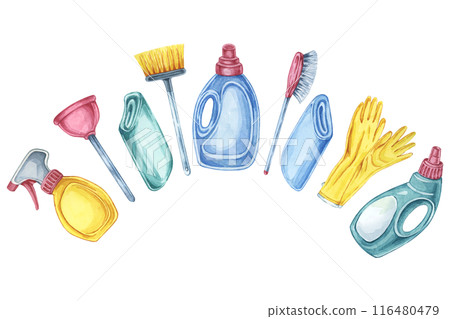 Variety of cleaning supplies including spray bottles, gloves, plunger, broom and scrub brush. Watercolor clipart for use in cleaning service brochures, product packaging, and home cleaning guides. Variety of cleaning supplies including spray bottles, gloves, plunger, broom and scrub brush. Watercolor clipart for use in cleaning service brochures, product packaging, and home cleaning guides. 116480479
