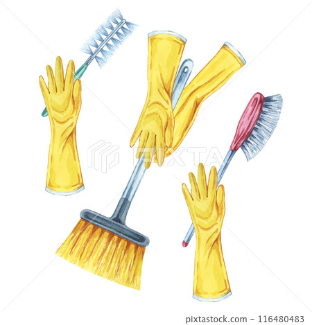Set of hands in rubber gloves holding broom and dusting and scrubbing brushes. Watercolor illustration of cleaning utensils for bathroom, kitchen, home. Clipart for housekeeping, janitorial service, 116480483