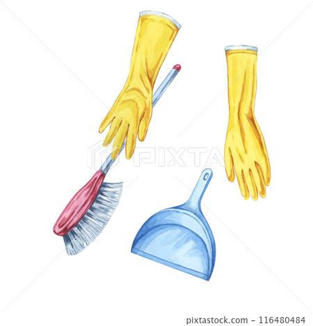 Hands in yellow rubber gloves with sweebing brush and dustpan. Watercolor illustration of household cleaning utensils. Clipart for home maintenance, housekeeping, janitorial or maid service, flyer Hands in yellow rubber gloves with sweebing brush and dustpan. Watercolor illustration of household cleaning utensils. Clipart for home maintenance, housekeeping, janitorial or maid service, flyer 116480484