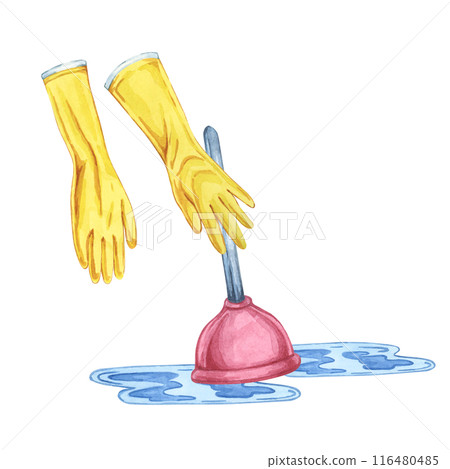 Plunger for clog removal and hands in yellow rubber gloves. Watercolor illustration of household cleaning utensils. Clipart for home maintenance, housekeeping, janitorial or maid service, flyer 116480485