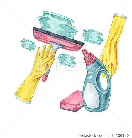 Spray bottle and squeegee for window cleaning task or shower with rubber gloves. Watercolor illustration of household cleaning utensils. Clipart for home maintenance, housekeeping, janitorial service Spray bottle and squeegee for window cleaning task or shower with rubber gloves. Watercolor illustration of household cleaning utensils. Clipart for home maintenance, housekeeping, janitorial service 116480490
