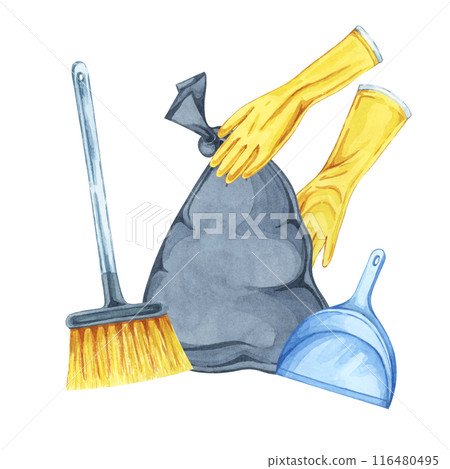 Black trash bag, dustpan, broom and hands in yellow rubber gloves. Watercolor illustration of household cleaning utensils. Clipart for garbage collection, housekeeping, janitorial service, flyers 116480495
