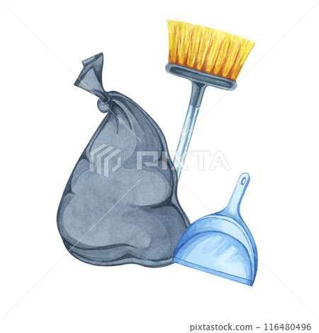Black trash bag, blue dustpan and sweeping floor brush or broom. Watercolor illustration of household cleaning utensils. Clipart for garbage collection, housekeeping, janitorial service, flyers 116480496