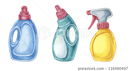 Set of bottles with various detergents in blue, yellow, green colors. Watercolor illustration of cleaning liquids or gel refill container. Clipart for housekeeping, janitorial service, sticker, flyer Set of bottles with various detergents in blue, yellow, green colors. Watercolor illustration of cleaning liquids or gel refill container. Clipart for housekeeping, janitorial service, sticker, flyer 116480497
