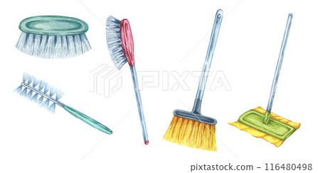 Set of mop, broom and various dusting and scrubbing brushes. Watercolor illustration of cleaning utensils for bathroom, kitchen, home. Clipart for housekeeping, janitorial service, sticker, flyer Set of mop, broom and various dusting and scrubbing brushes. Watercolor illustration of cleaning utensils for bathroom, kitchen, home. Clipart for housekeeping, janitorial service, sticker, flyer 116480498