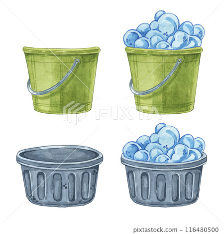 Set of washing buckets, empty and with blue foam. Household cleaning utensil watercolor illustration. Clipart for housekeeping, janitorial services, sticker, flyer, spring cleaning and posters Set of washing buckets, empty and with blue foam. Household cleaning utensil watercolor illustration. Clipart for housekeeping, janitorial services, sticker, flyer, spring cleaning and posters 116480500