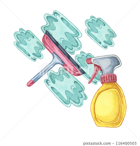 Spray bottle and squeegee for window cleaning task or shower. Watercolor illustration of household cleaning utensils. Clipart for home maintenance, housekeeping, janitorial or maid service, flyer 116480503