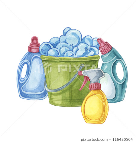 Bucket with soap foam, cleaning liquids, stain removers, sponges. Watercolor illustration of household cleaning utensils. Clipart for home maintenance, housekeeping, janitorial or maid service, flyer 116480504