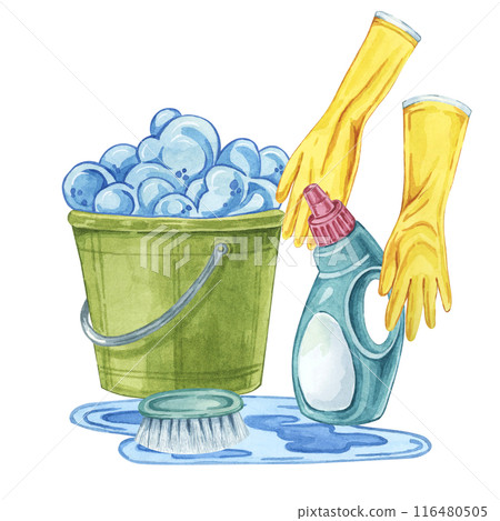 Bucket, rubber gloves, cleaning solution or detergent bottle. Watercolor illustration of household cleaning utensils. Clipart for home maintenance, housekeeping, janitorial or maid service, flyer 116480505