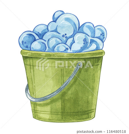 Green mop washing bucket with blue foam. Household cleaning utensil watercolor illustration. Clipart for housekeeping, janitorial services, sticker, flyer, spring cleaning and posters 116480518