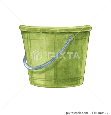 Green mop bucket designed with sturdy metal handle. Household cleaning utensil watercolor illustration. Clipart for housekeeping, janitorial services, sticker, flyer, spring cleaning and posters 116480527