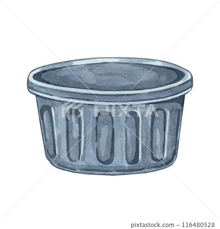 Grey empty trash bin or plastic laundry bucket. Household Cleaning utensil watercolor illustration. Clipart for housekeeping, janitorial services, sticker, flyer, spring cleaning and posters 116480528