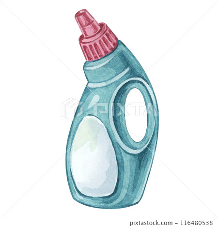 Green plastic bottle with dish soap, all purpose or toilet cleaner, fabric softener. Watercolor illustration of cleaning liquid container. Clipart for housekeeping, janitorial services, sticker, flyer 116480538