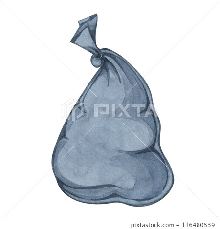 Black plastic trash bag, full litter sack watercolor illustration. Household rubbish, garbage cleaning, waste management. Clipart for housekeeping, janitorial services, sticker, flyer, and posters 116480539