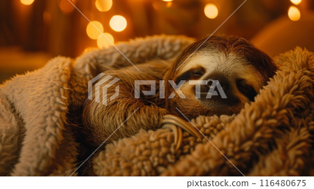 Sloth Sleeping Peacefully in comfy bed On Cozy Blanket With Soft Warm Lighting And Bokeh Background 116480675