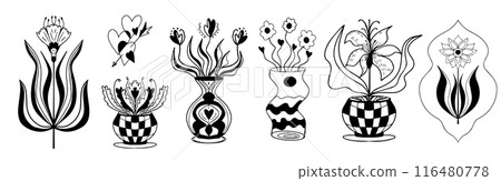 Vintage linocut flowers set decorative stylized black and white flower. Doodle style, graphic for poster. Ornamental cute line drawing. doodle, sketch hand drawn vector illustrations. Vintage linocut flowers set decorative stylized black and white flower. Doodle style, graphic for poster. Ornamental cute line drawing. doodle, sketch hand drawn vector illustrations. 116480778