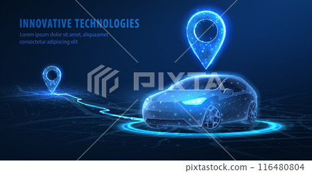 Smart car location connected with a pin icon by a line. Parking application 116480804