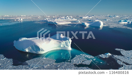 Tranquil Arctic scene icebergs floating blue ocean. Broken sea ice under bright blue sky sunlight. Glacier melting in polar summer, aerial. Ecology, melting ice, climate change, global warming concept Tranquil Arctic scene icebergs floating blue ocean. Broken sea ice under bright blue sky sunlight. Glacier melting in polar summer, aerial. Ecology, melting ice, climate change, global warming concept 116480816