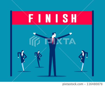 Businessman finish line celebrating success cheers of friends behind stock vector Businessman finish line celebrating success cheers of friends behind stock vector 116480878