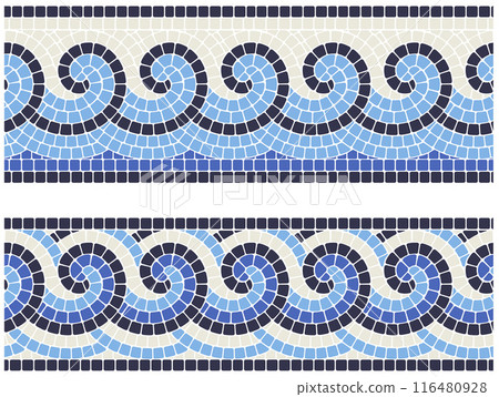 Seamless mosaic border with sea waves in portuguese style, decorative tiling with greek ornament, 116480928