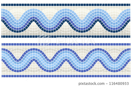 Mosaic wave ornament, seamless wavy border line with portuguese pattern, frame tessellation, vector 116480933