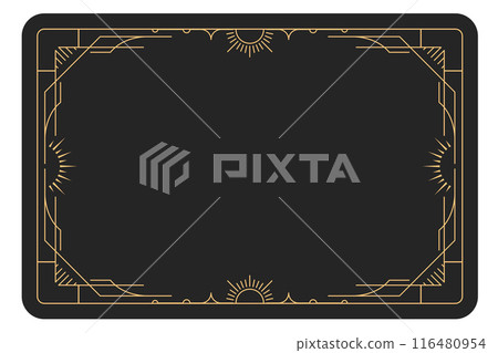 Tarot style frame with decorative border, banner with magic pattern, reverse side of tarot cards with mystic elements, vector 116480954