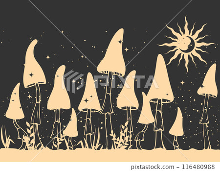 Mystical toadstools, boho style mushrooms over night sky and moon, witchcraft symbol, magic mushrooms, vector 116480988