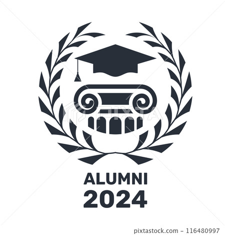 Alumni emblem with column and mortarboard hat, graduate students stamp with laurel wreath, vector 116480997