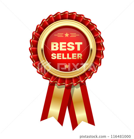 Red rosette Best seller, badge or medal with word bestseller, award pin, vector 116481000