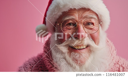 Glamorous Santa Claus in pink clothes smiling joyfully on a minimalist pink Christmas background 116481007