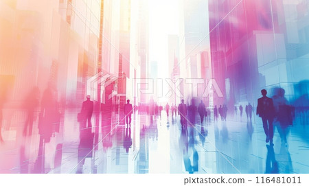 Cityscape With Business People Silhouette Walking. Big City, Urban Abstract Watercolor Illustration 116481011