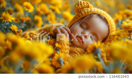 Baby taking a peaceful nap in a bright yellow knitted costume 116481043