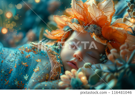 Baby taking a peaceful nap in a bright yellow knitted costume 116481046