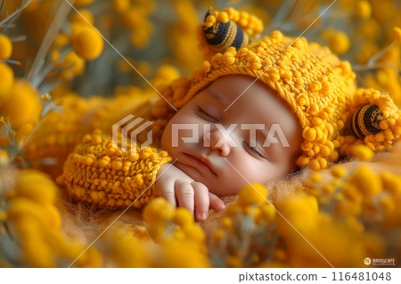 一個穿著亮黃色針織服裝的嬰兒正在安靜地小睡 一個穿著亮黃色針織服裝的嬰兒正在安靜地小睡 116481048