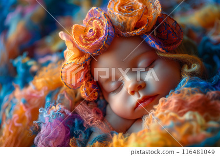 一個穿著亮黃色針織服裝的嬰兒正在安靜地小睡 116481049